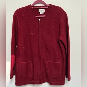 Vintage Conrad C 100% Wool Deep Red Full Zip Pocket Open Hand Beaded Cardigan